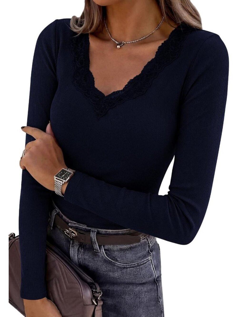 Lace V Neck Long Sleeve Fitted T-Shirt for Women - Stylish & Comfortable Top